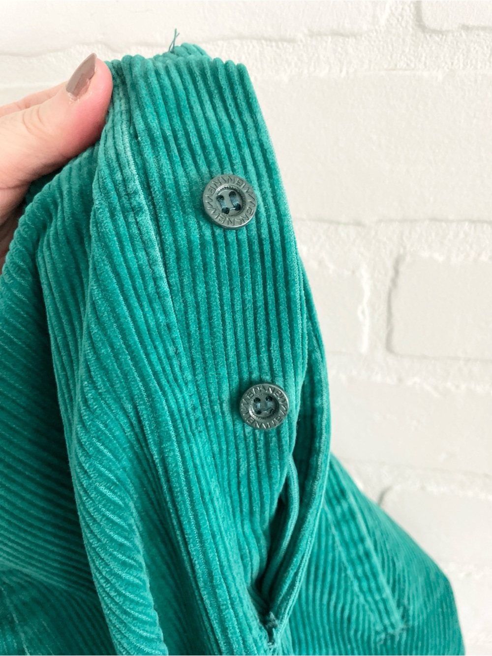 Vintage 70s Emerald Teal Corduroy Barrel Pants Leather Side Tabs Archive Size 10 - Picture 8 of 16